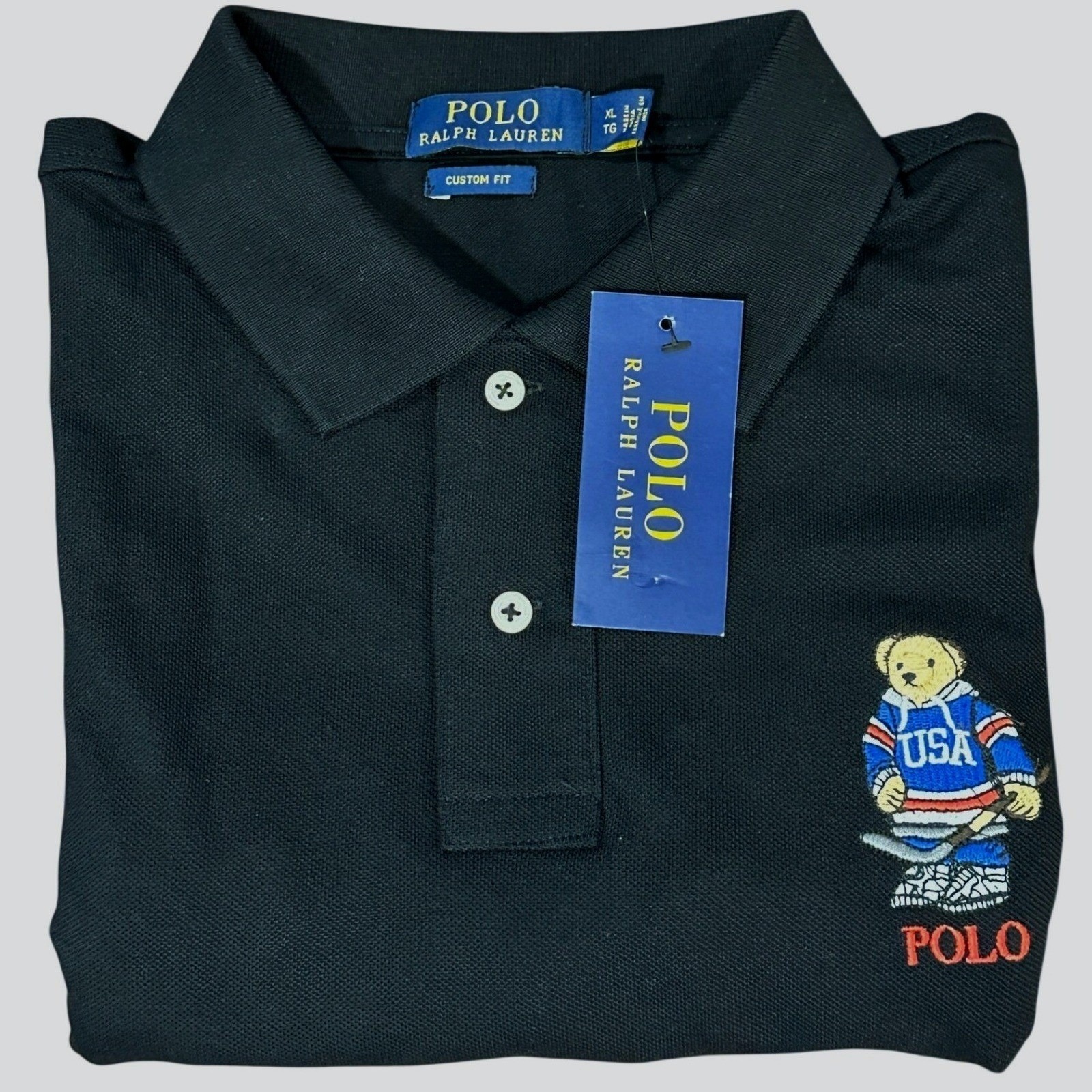 Polo Ralph Lauren Y2k Black Polo Bear Team Usa Hockey Cotton Mesh Shirt Nwt Xl
